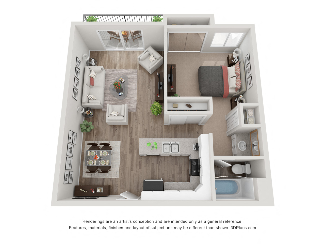 Floor plan for 1 bed, 1 bath, 667 sqft